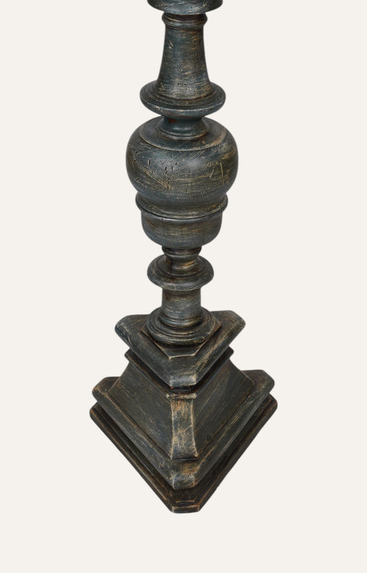 Temple Turned Teak Floor Candle Stand in Rustic Black