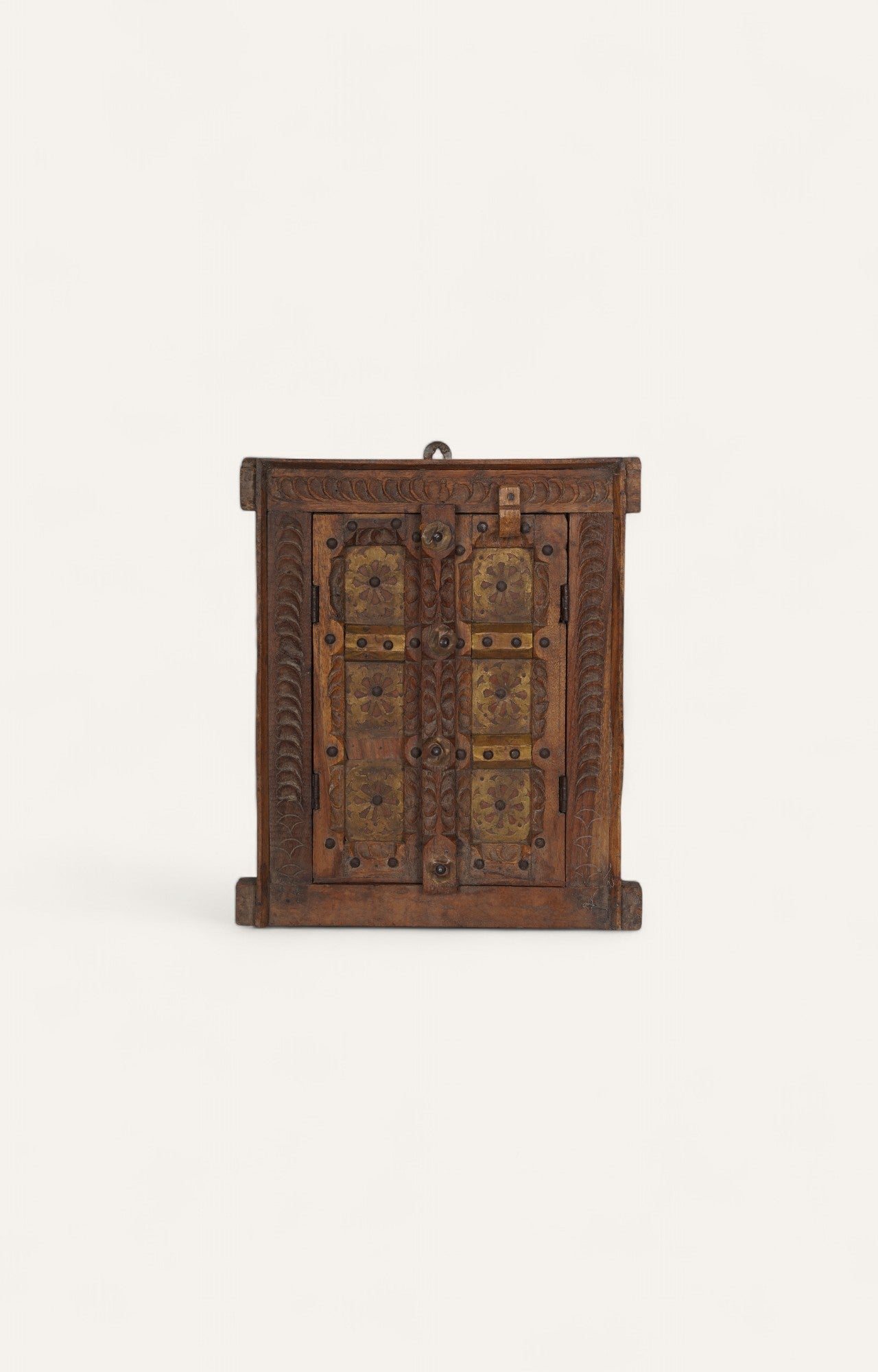 Antique Hand carved Wooden Window with Brass Details