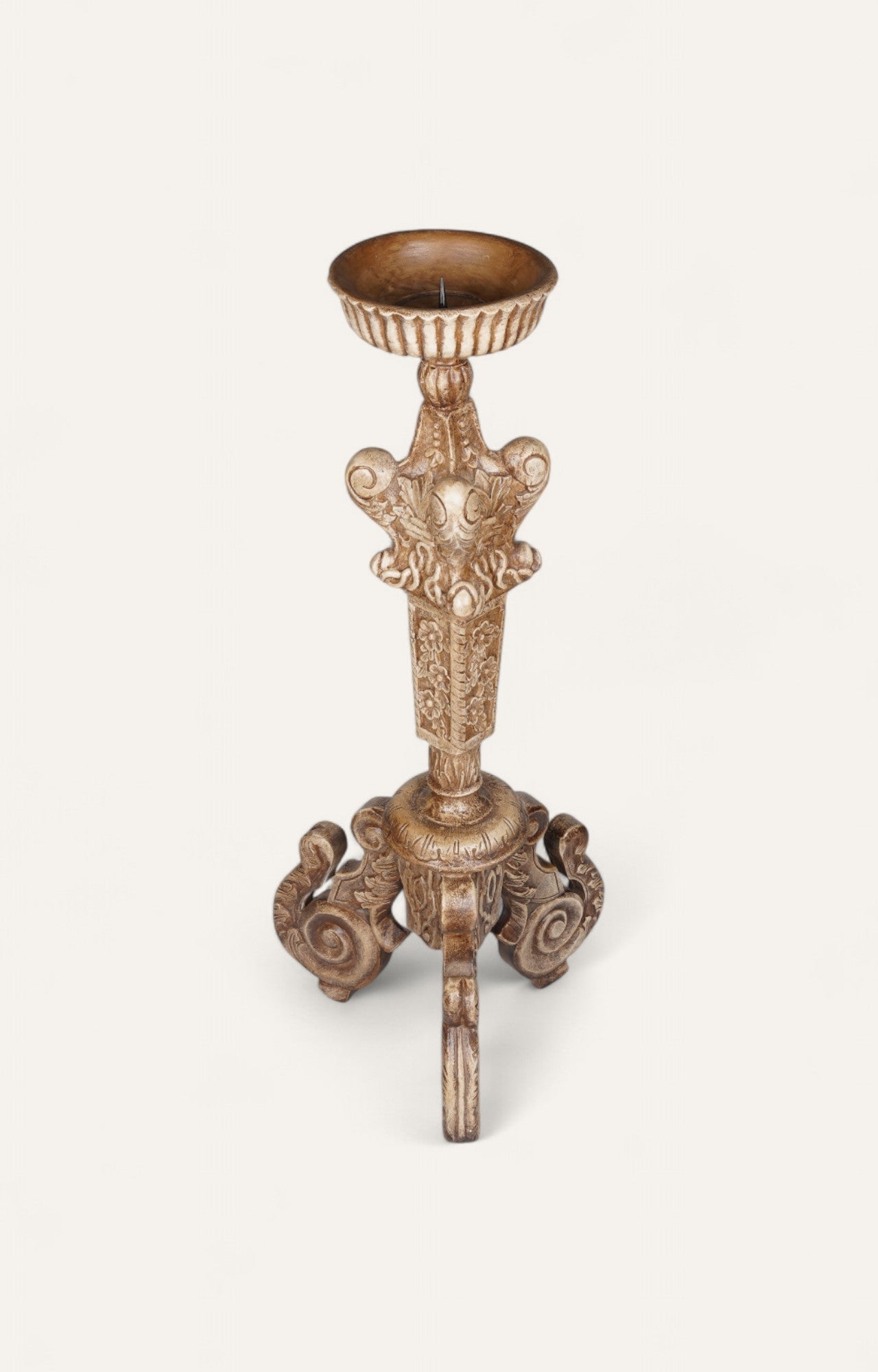 Vintage Baroque Scroll Teak Candle Stand