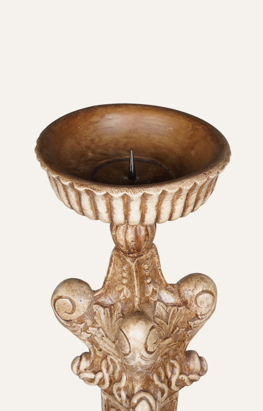 Vintage Baroque Scroll Teak Candle Stand