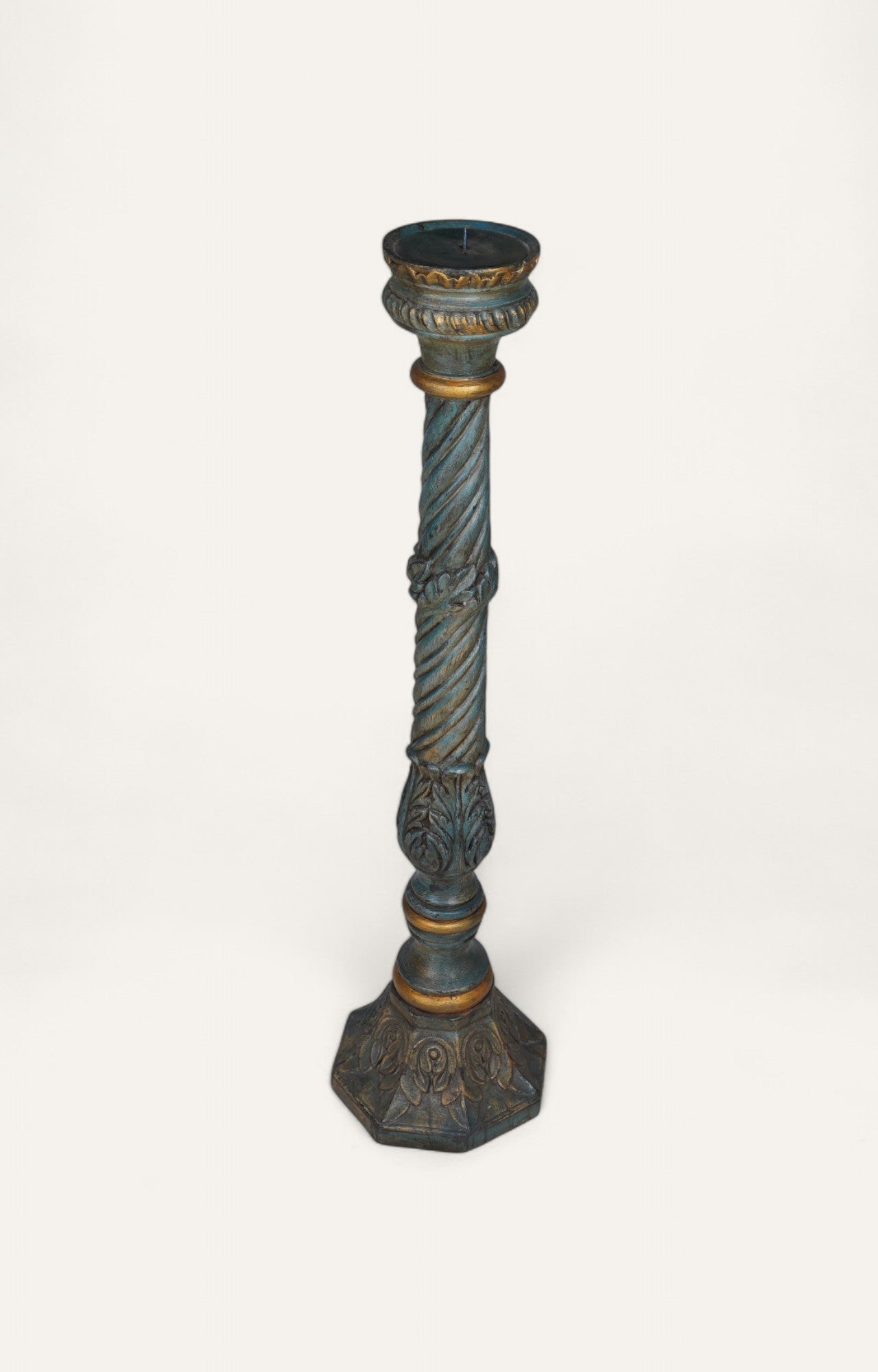 Verdigris Temple Pillar Wood Candle Stand