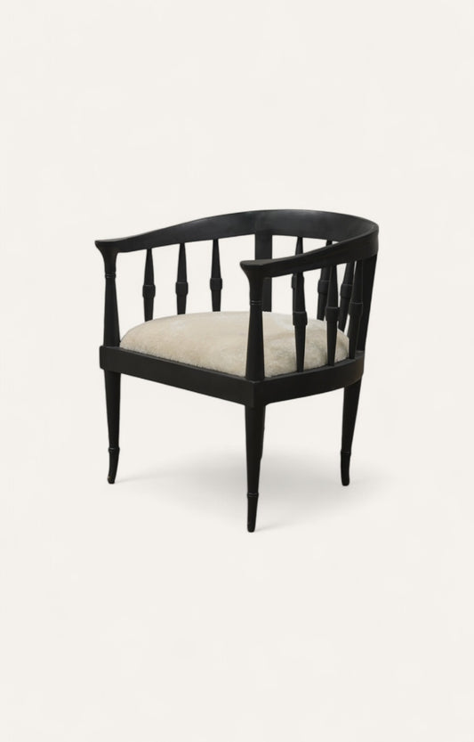 Black acacia wood mid-century chair with white faux fur seat cushion