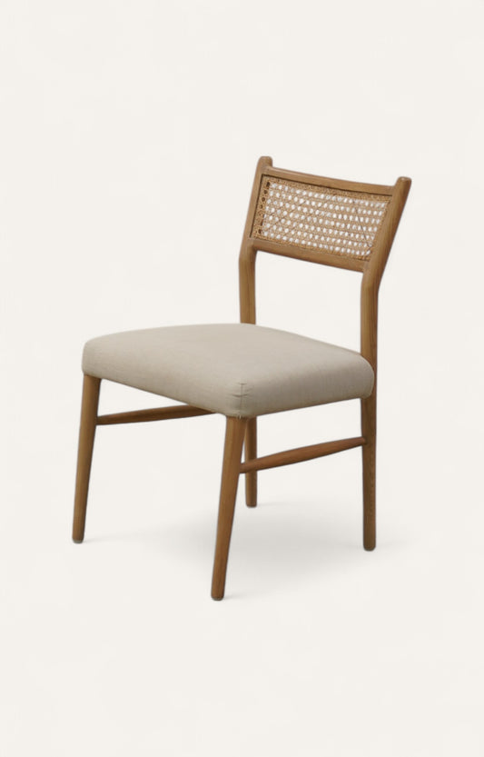 Cane Back Bouclé Dining Chair in Oak Wood