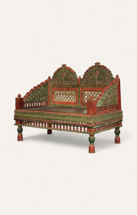 Rajputana Hand-Painted Teak Wood Bench with Arms