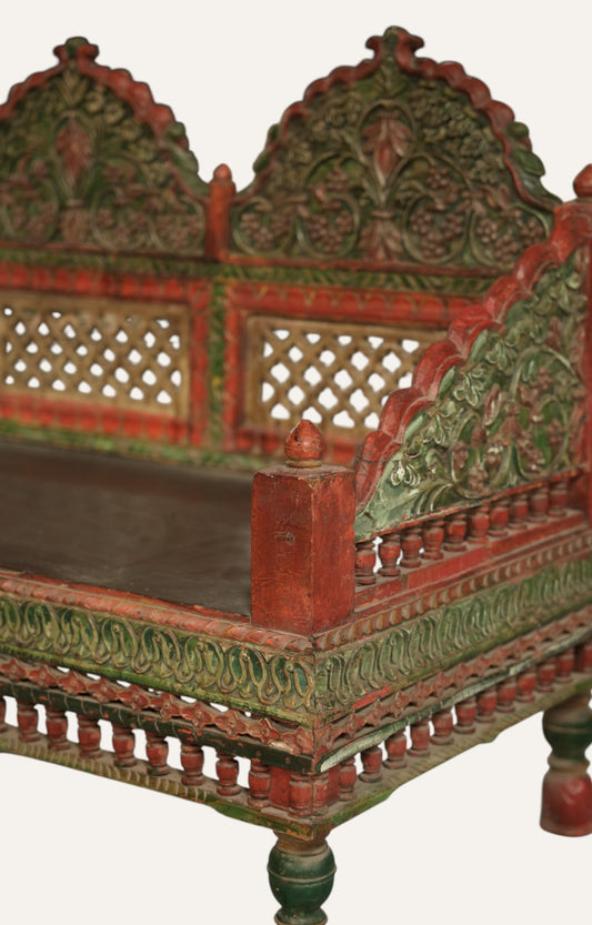 Rajputana Hand-Painted Teak Wood Bench with Arms