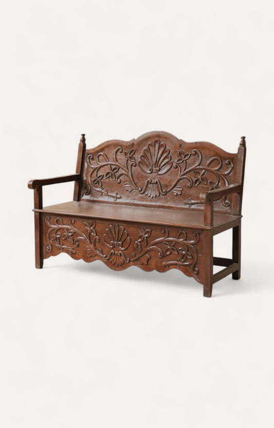 Hand-carved Teak Wood Bench with Arms