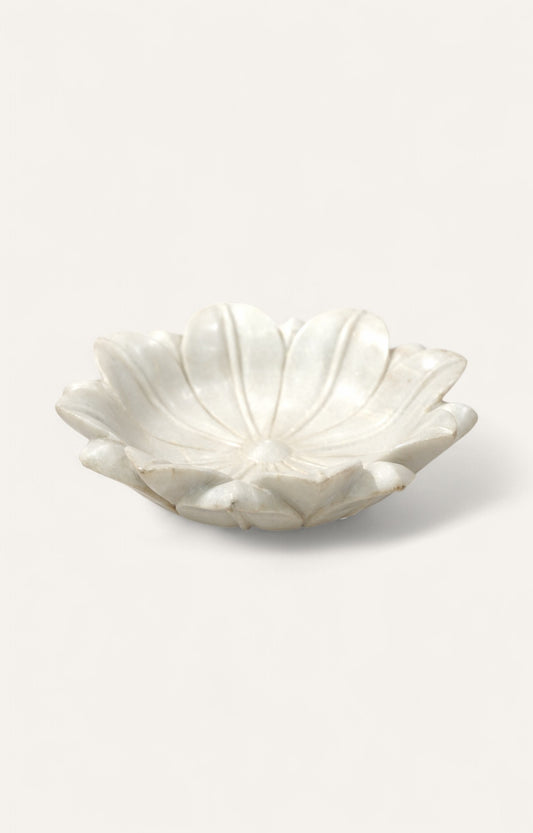 White marble bowl hand-carved in lotus petal form 