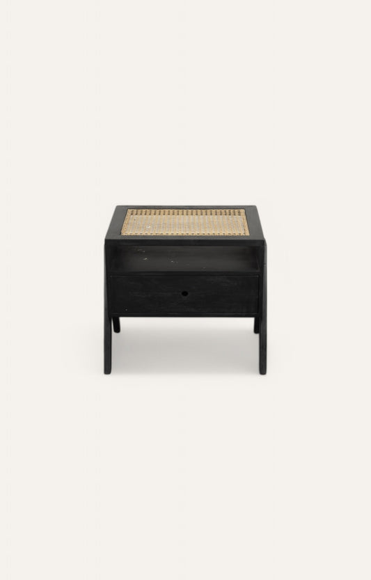 Mignight Black Cane-Weave Top Wooden Bedside Table with Drawer