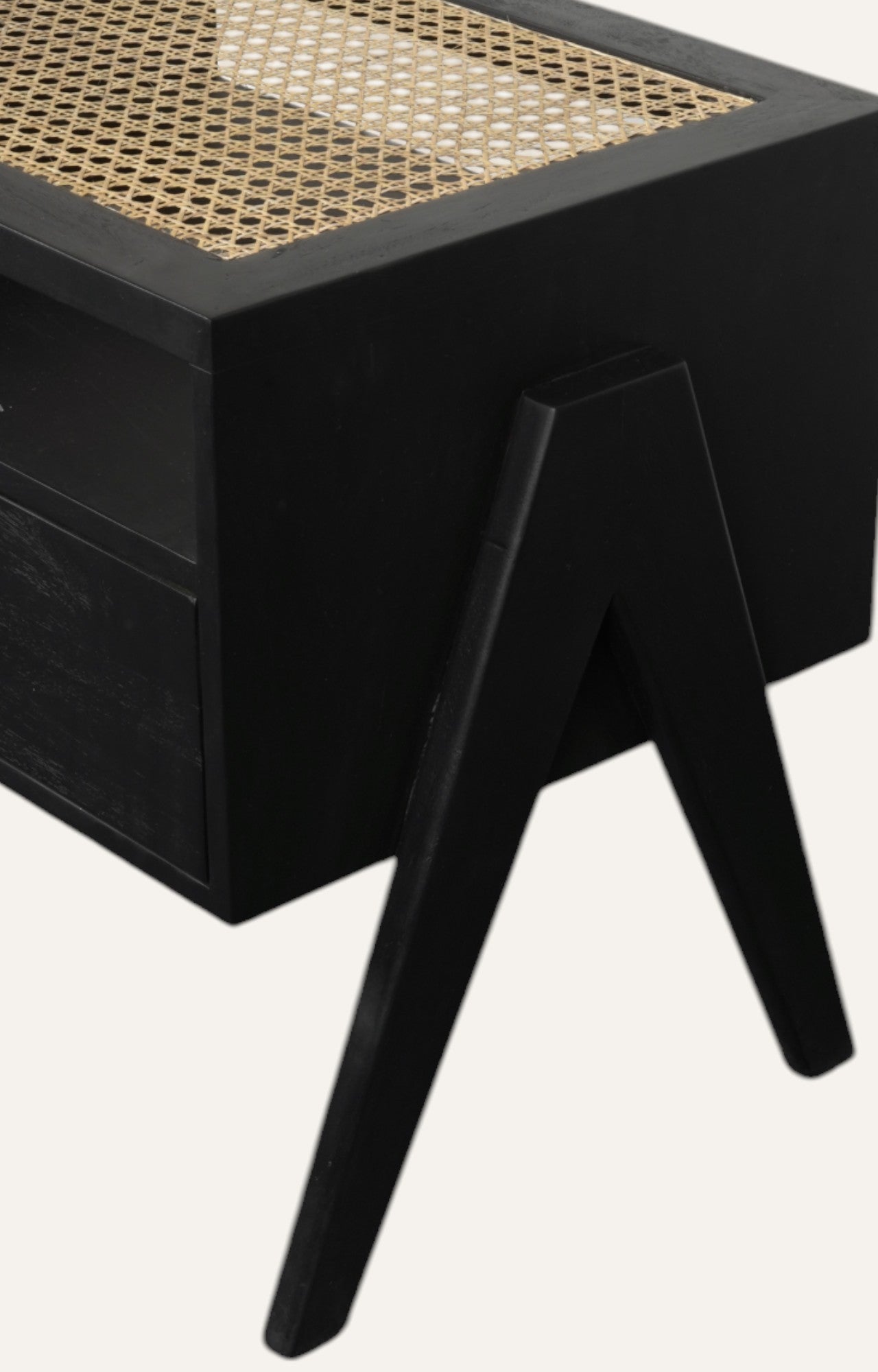 Mignight Black Cane-Weave Top Wooden Bedside Table with Drawer