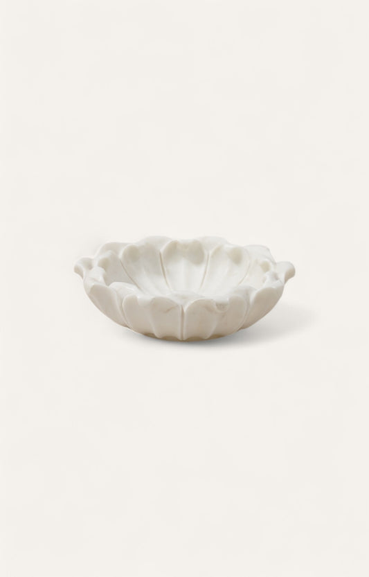  Scalloped white marble bowl with radial carved detailing