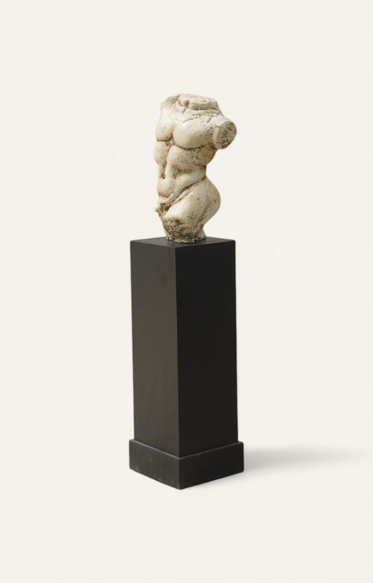 Distressed white cement torso sculpture with pedestal base