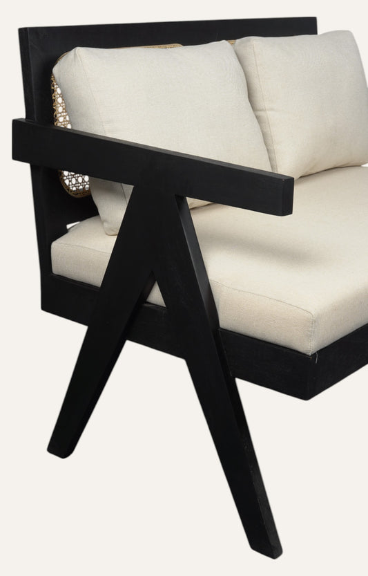 Modern Black Acacia Bench with Cane & Linen