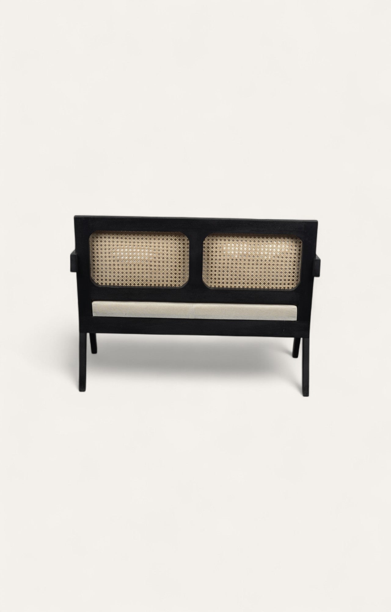 Modern Black Acacia Bench with Cane & Linen