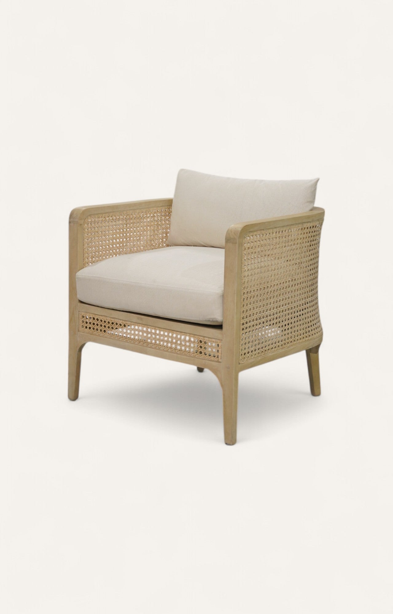  Natural oak cane armchair with linen seat and rounded arms
