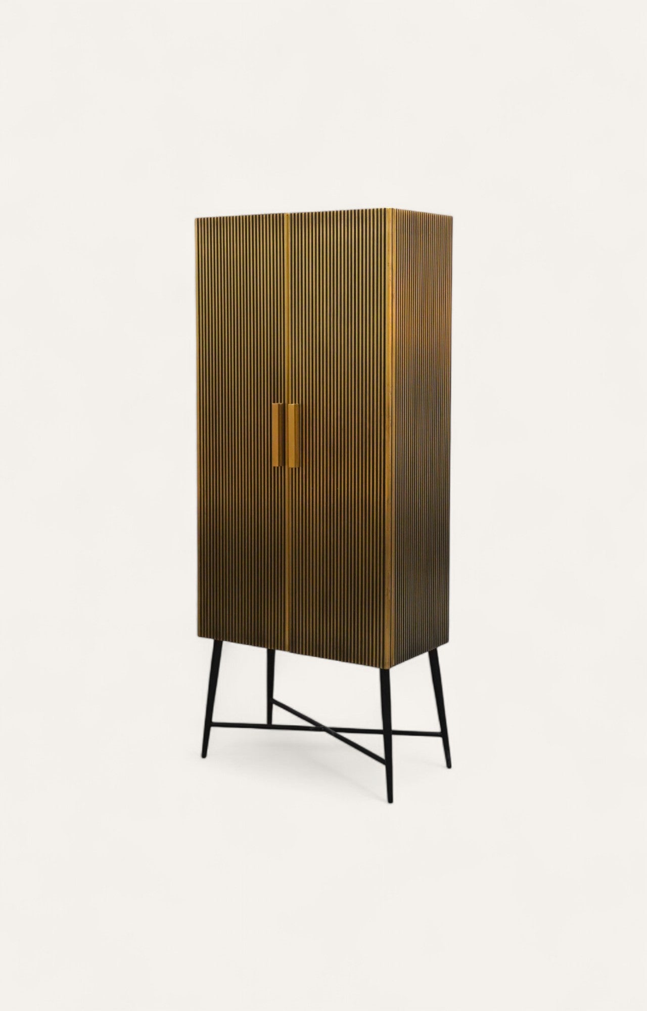  Tall brass wall cabinet with fluted texture and black iron legs