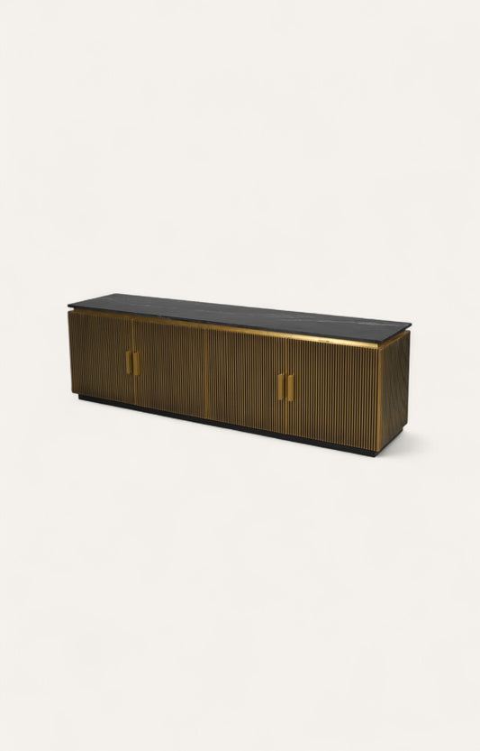  Long brass TV console with marble top and vertical fluted detailing
