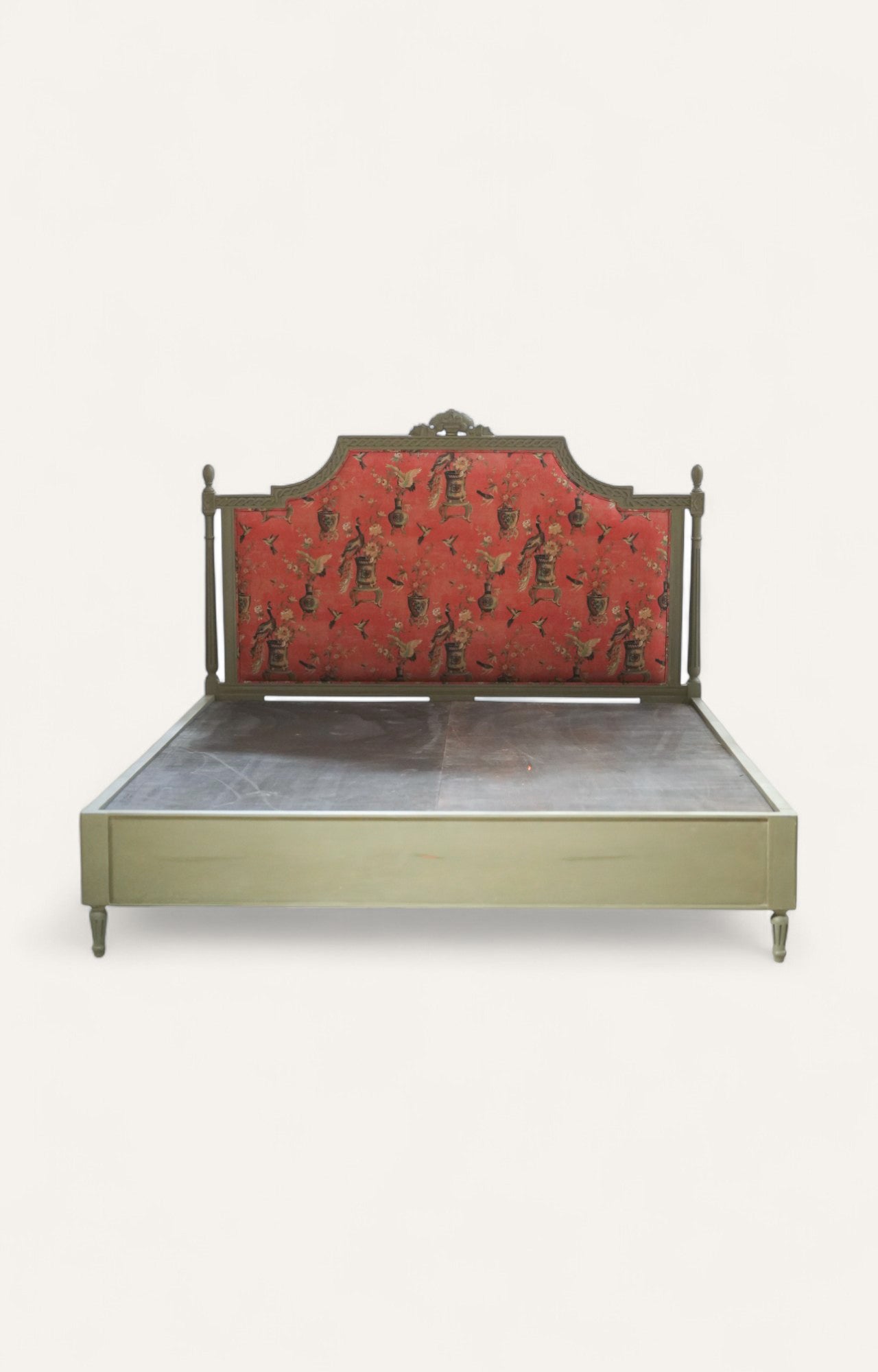 French Gold Upholstered Carved Wood Bed
