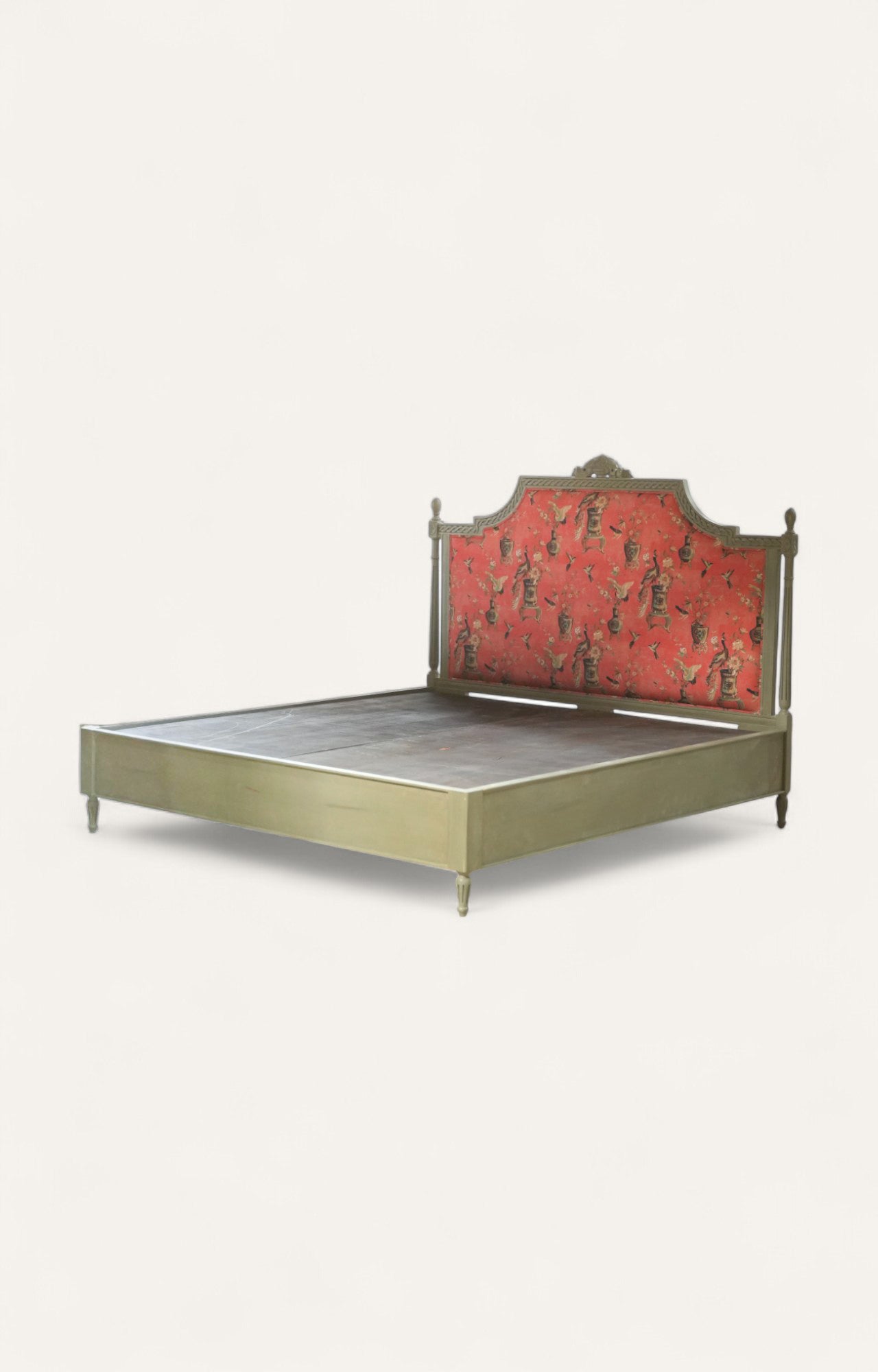 French Gold Upholstered Carved Wood Bed