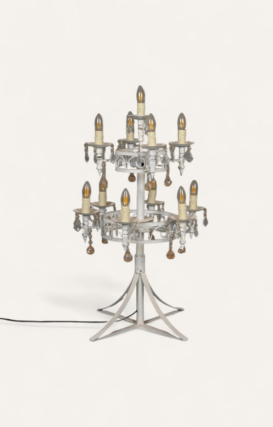  Metal hall table lamp or Chandelier with rustic painted finish and multiple candle-style lights.