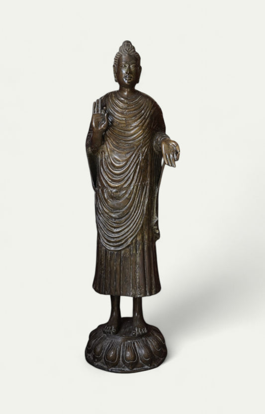 Standing Buddha Of Brass Metal With Bronze Finish