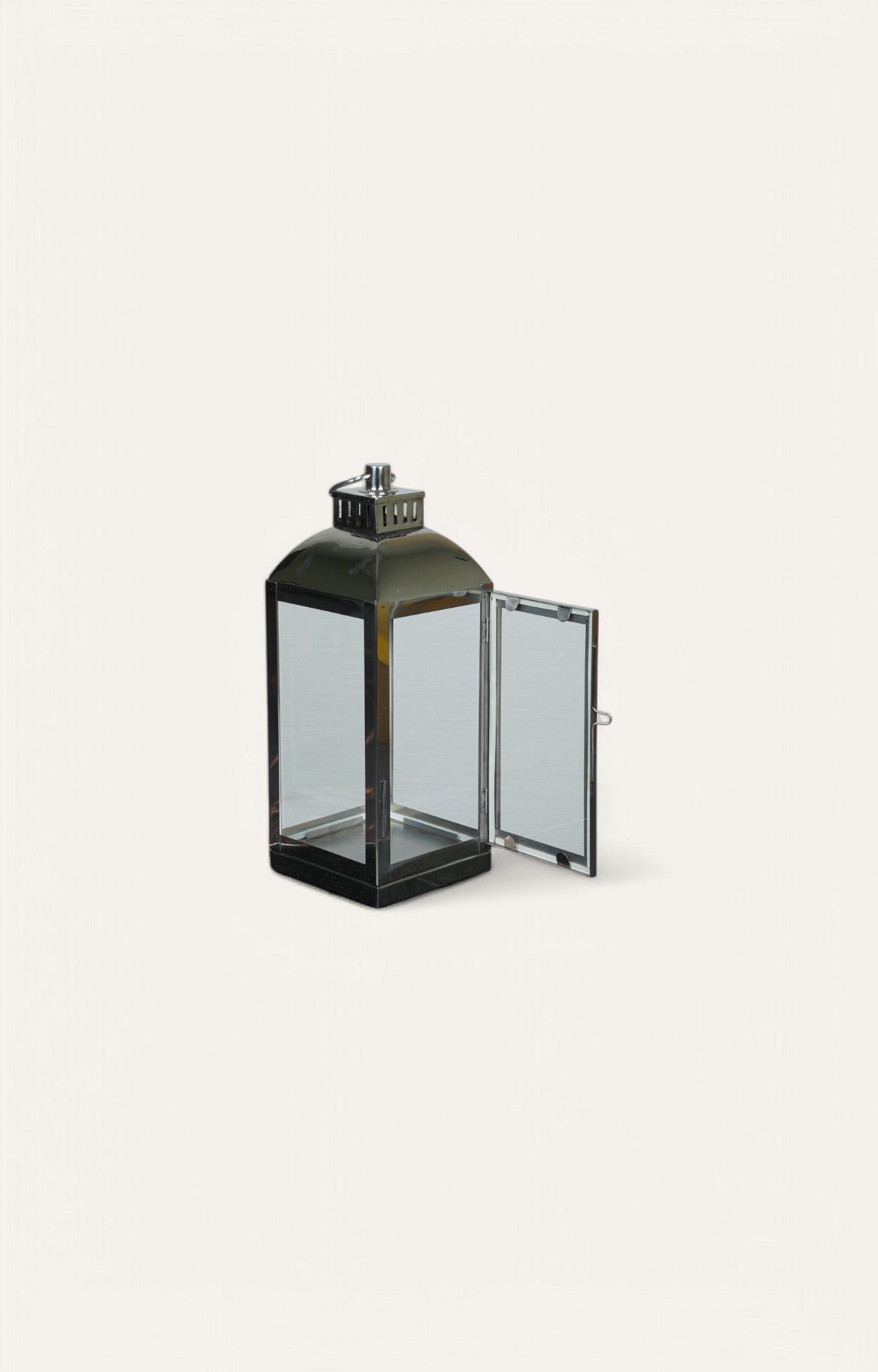 Square Glass Lantern with Ring Handle and Stainless Steel Rim