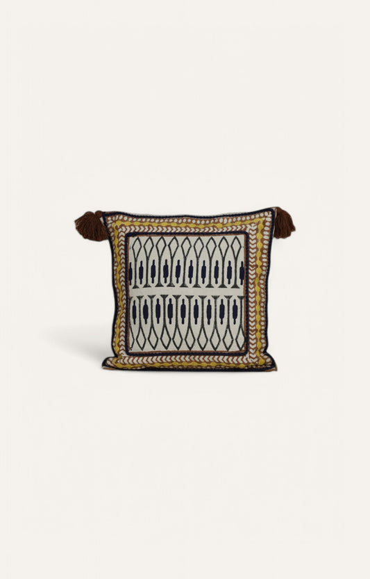 Handcrafted Geometric Embroidered Cushion with Tassels