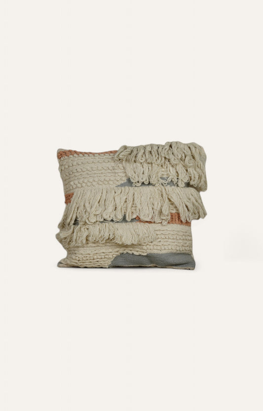 Handwoven Textured Cushion with Layered Fringes