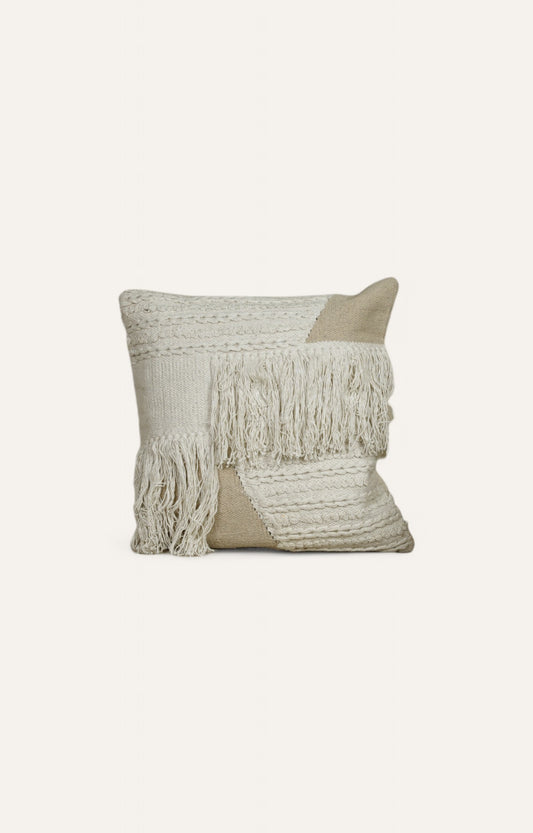 Textured Off-White Cushion with Layered Fringes