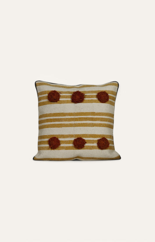Striped Cushion with Textured Pom-Poms