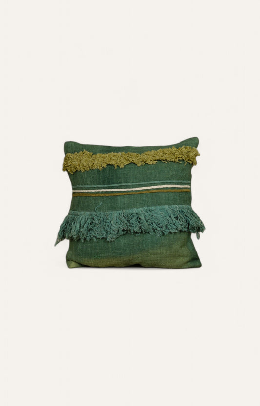 Green Textured Cushion with Layered Fringes