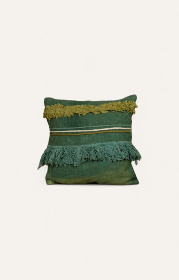 Green Textured Cushion with Layered Fringes