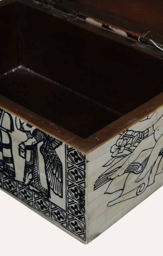 Antique Bone Inlay Wildlife Motif Jewelry Box