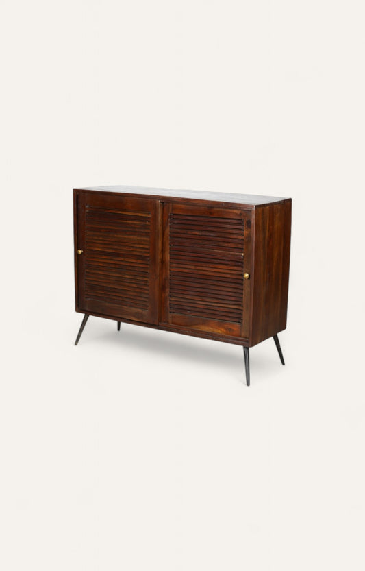 Mid-Century Slatted Walnut Cabinet with Brass Accents