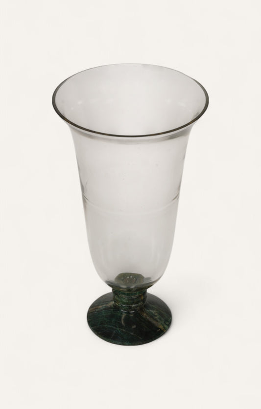 Tall fluted candle stand or glass vase with green enamel stone pedestal base.