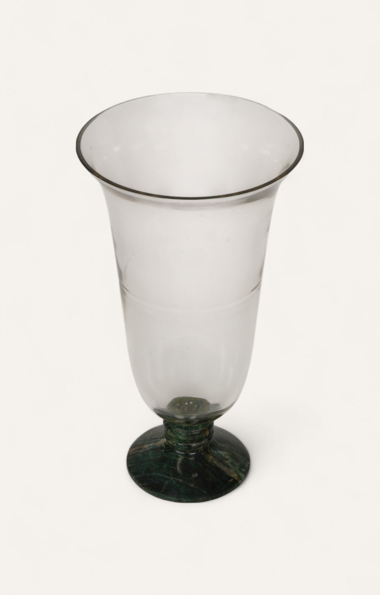  Tall fluted candle stand or glass vase with green enamel stone pedestal base.
