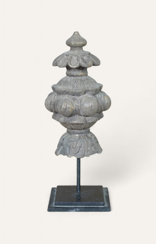 Tiered teak wood finial sculpture on iron stand 
