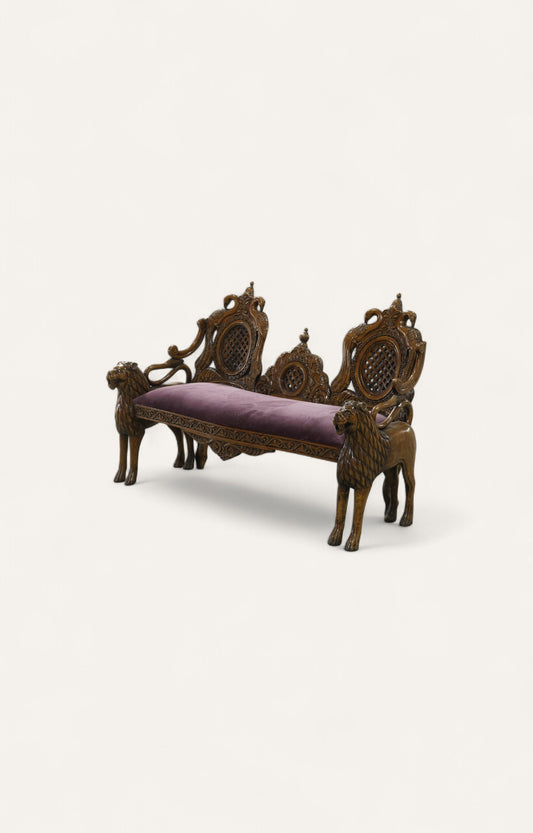 Lion Motif Teak Wood Bench with Velvet Seat