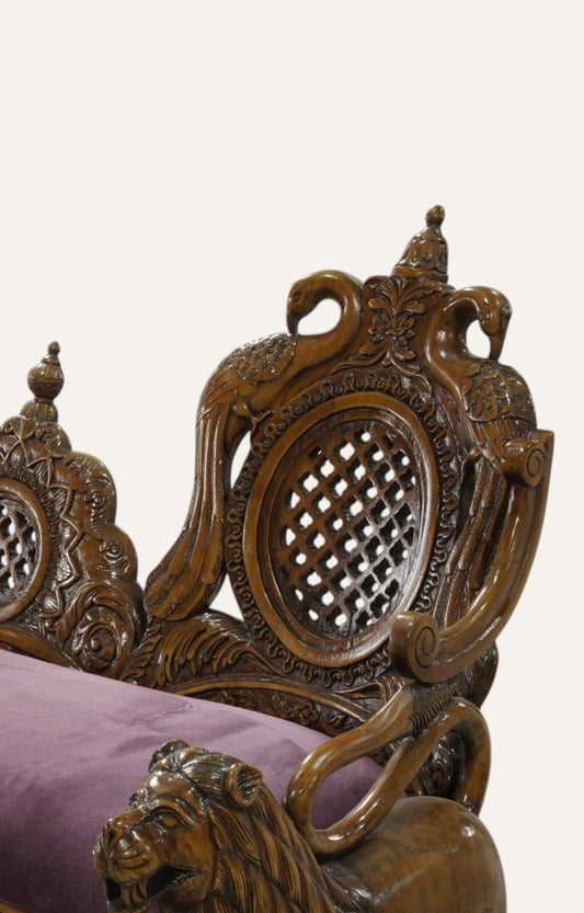 Lion Motif Teak Wood Bench with Velvet Seat