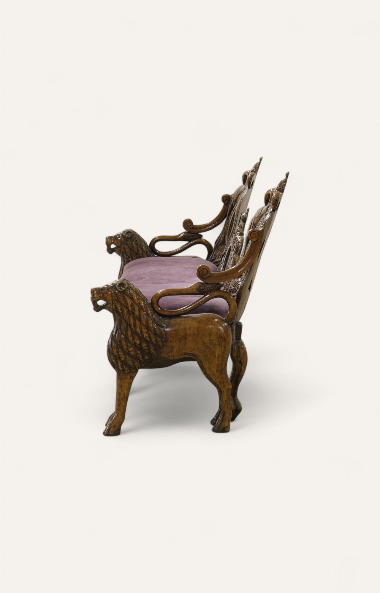 Lion Motif Teak Wood Bench with Velvet Seat