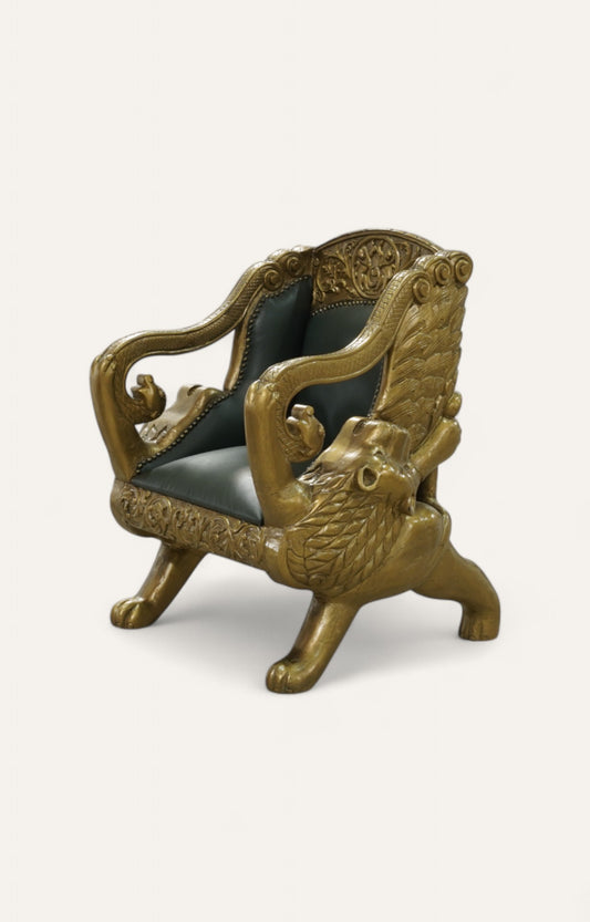 Lion Teak Wood Armchair in Leatherier