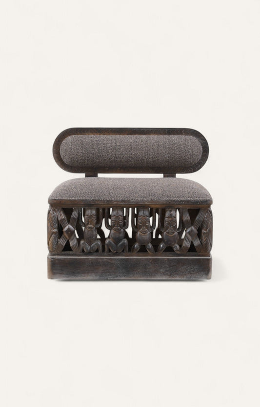 Tribal Carved Wooden Sofa Boucle Upholstery