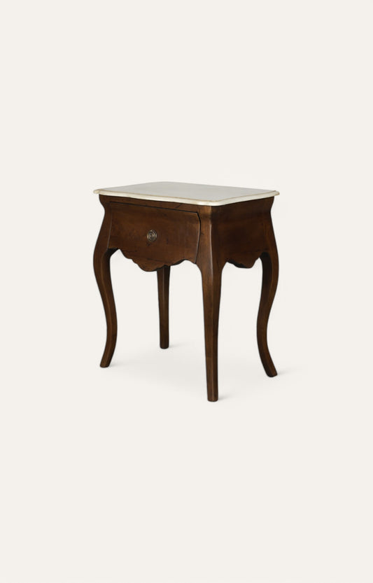 Evelyn Brown Wooden Bedside Table with Drawer and Marble Top