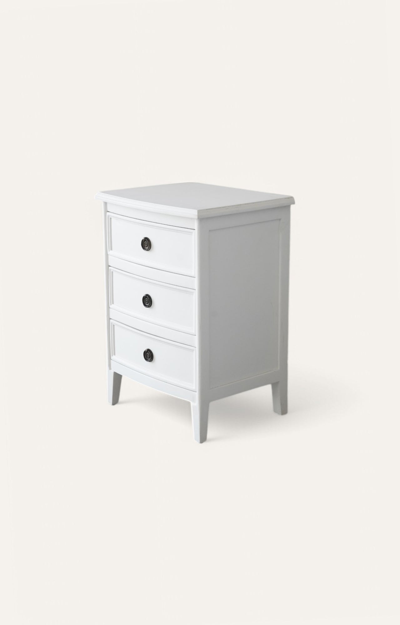 Seaside White Wooden Bedside Table with Three Drawers and Brass Handles