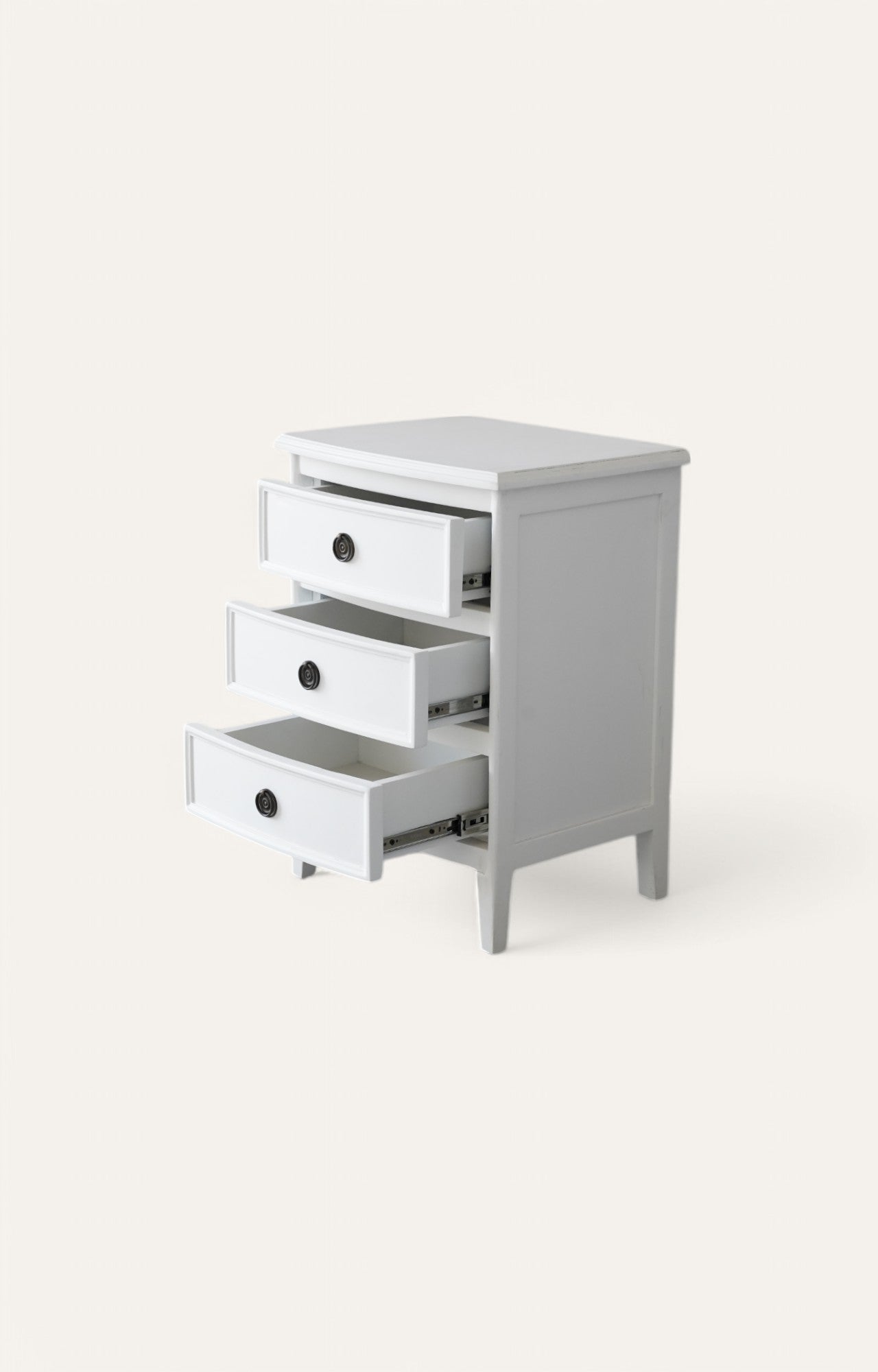 Seaside White Wooden Bedside Table with Three Drawers and Brass Handles