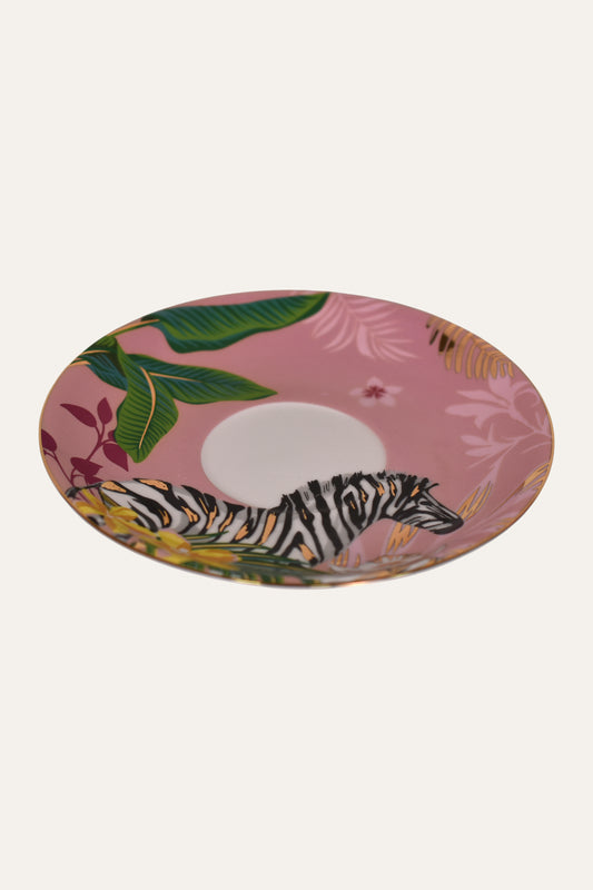 Pink Hand-Painted Porcelain Tea Cup & Saucer Set with Zebra & Floral Art – Artisan Coffee Cup