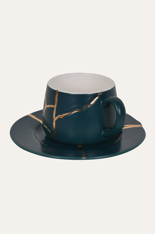 Deep Teal Hand-Painted Porcelain Cup & Saucer Set with Gold Accent – Artisan Tea & Coffee Cup