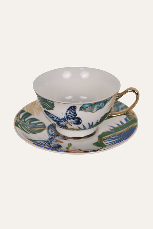 Butterfly Hand-Painted Porcelain Cup & Saucer Set with Gold Handle – Elegant Artisan Tea Cup