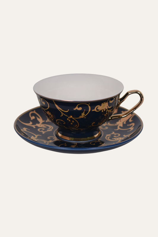 Midnight Blue Hand-Painted Porcelain Cup & Saucer Set with Gold Scrollwork – Luxury Tea Cup