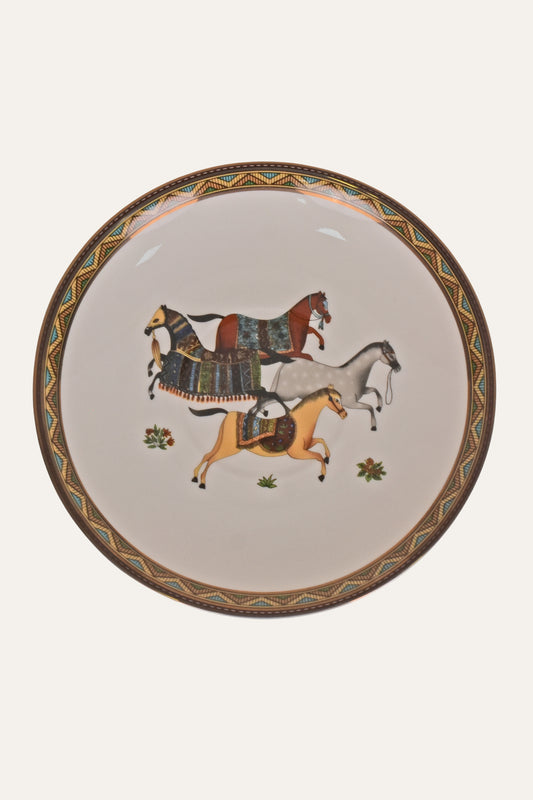 White Hand-Painted Porcelain Cup & Saucer Set with Horse Motif & Gold Rim – Elegant Tea Cup