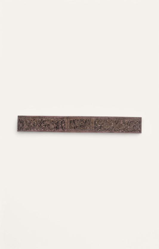  Vintage rose-toned carved wooden panel with deity and floral motifs